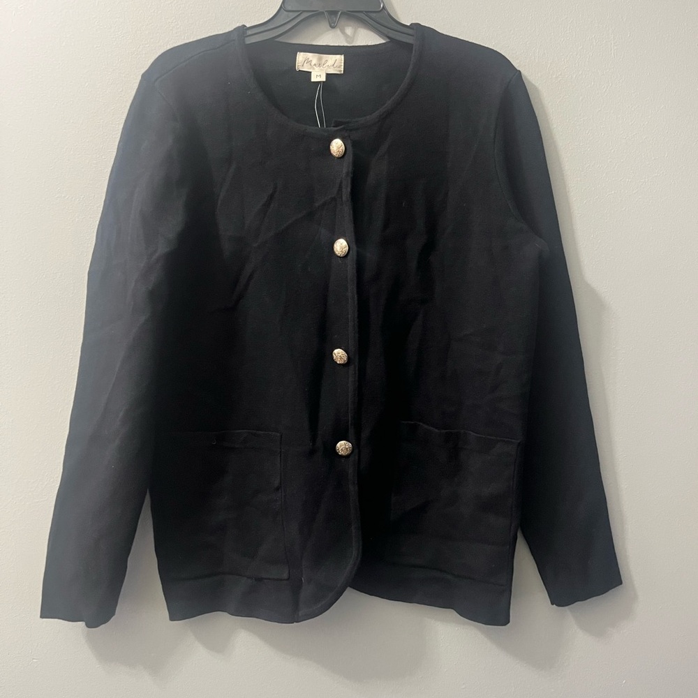 Marled black knit cardigan sweater gold button NEW medium‎
